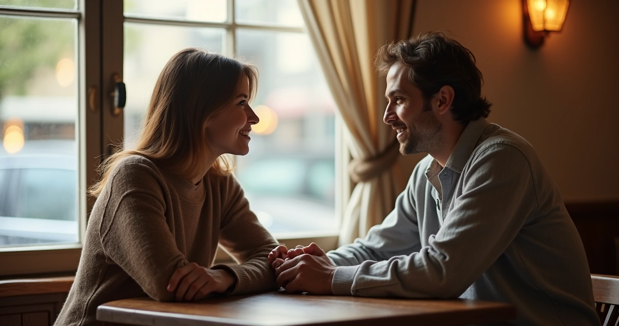 Dois amigos conversando de forma acolhedora em um café. 