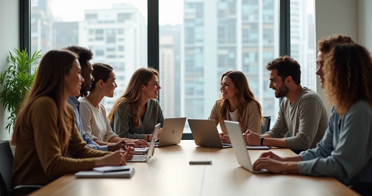 Equipe diversa em reunião conectada por gesto de empatia no escritório moderno 