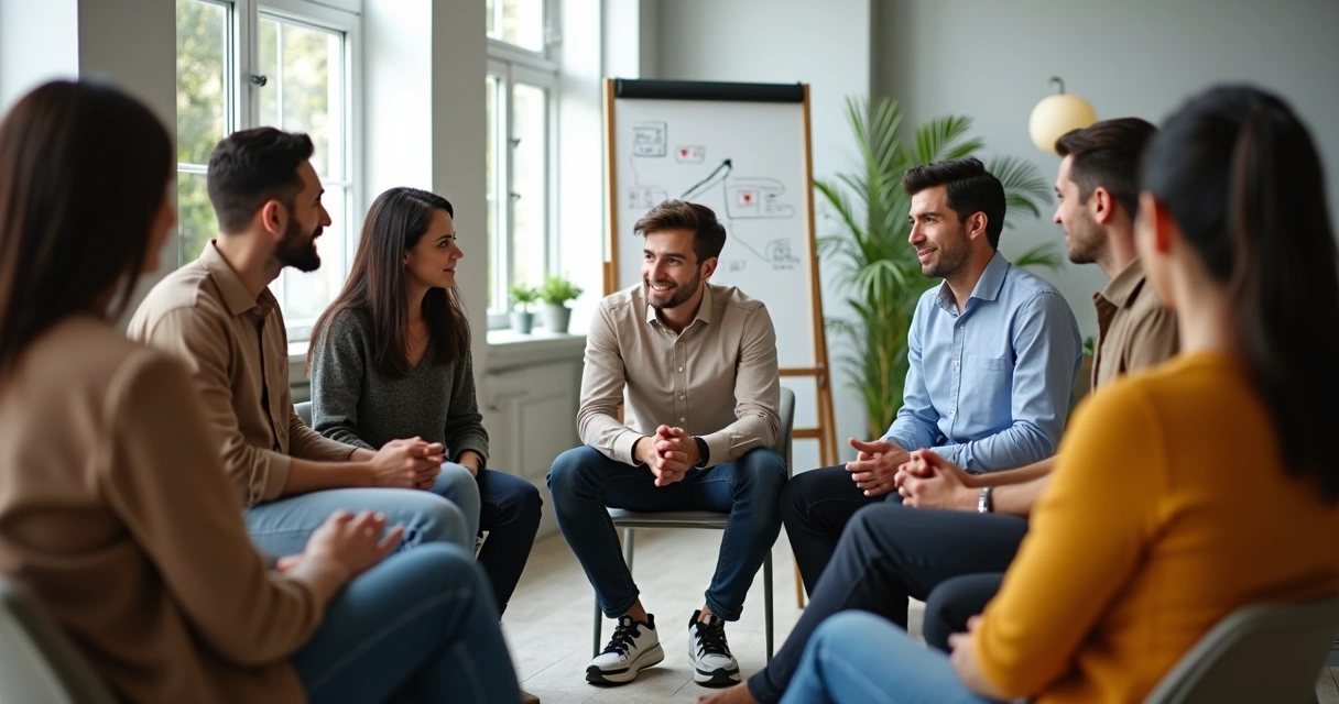 Equipe diversa em roda demonstrando empatia e apoio mútuo 