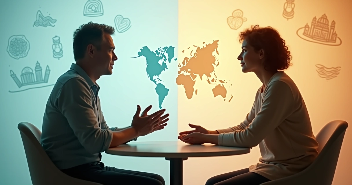 Duas pessoas dialogando com símbolos culturais e conexões emocionais ao fundo 