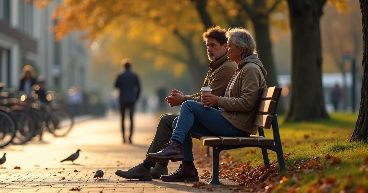 Duas pessoas conversando com atenção em um banco de praça urbana 