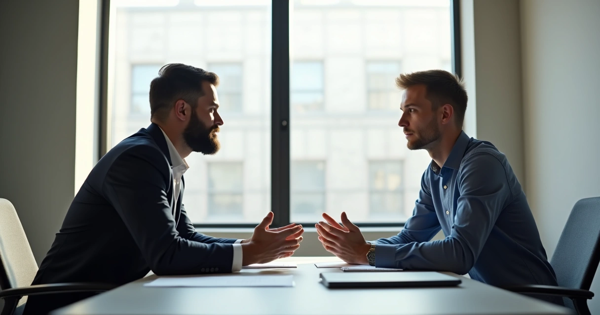 Dois colegas conversando no escritório, expressão de atenção e empatia no rosto 