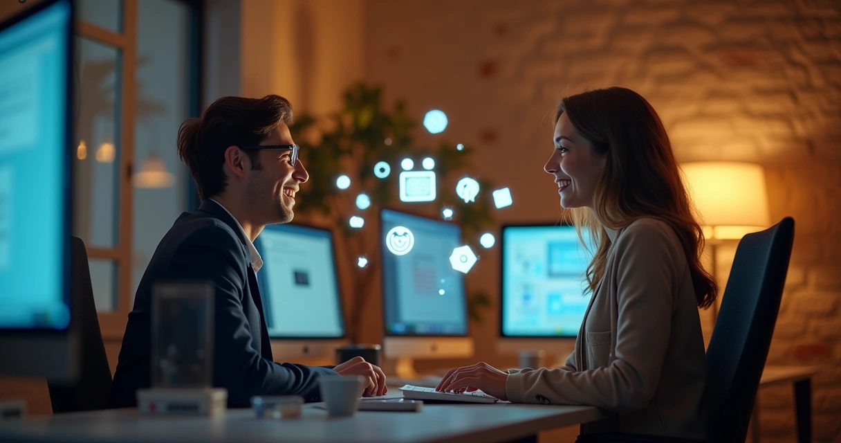 Duas pessoas sentadas em frente a computadores, trocando mensagens com expressões amigáveis 