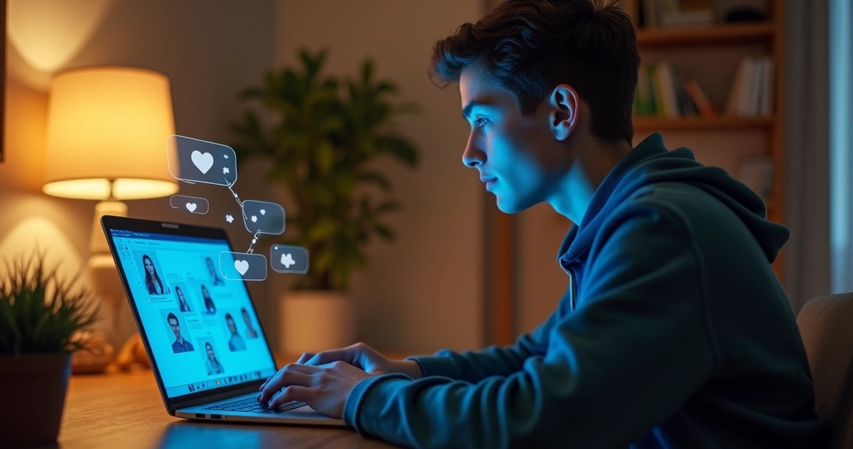 Pessoa usando notebook em ambiente tranquilo com ícones digitais conectando corações 