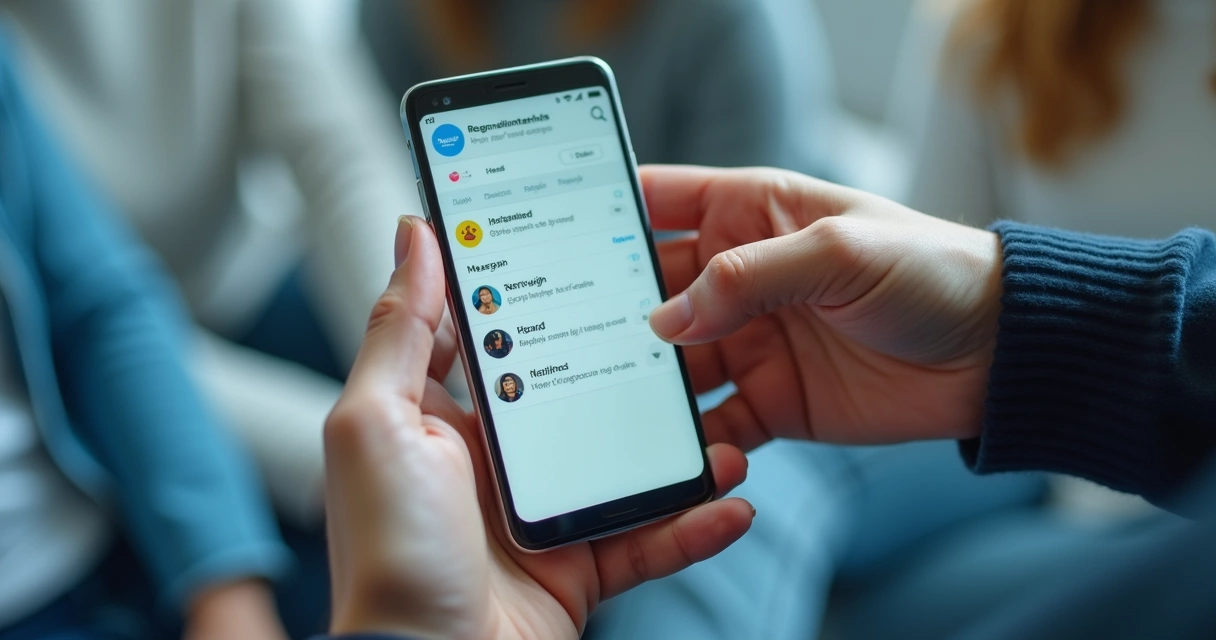 Mãos segurando celular com emojis de coração e reconciliação em interface de rede social. 