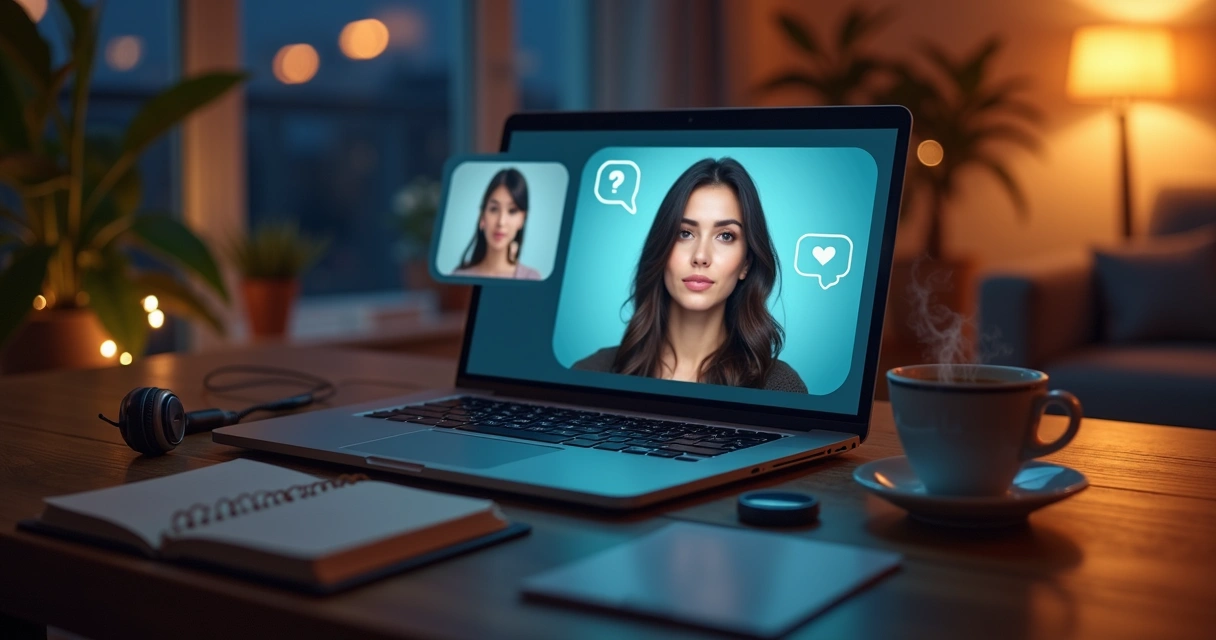 Duas pessoas em videochamada trocando mensagens empáticas na tela do computador 