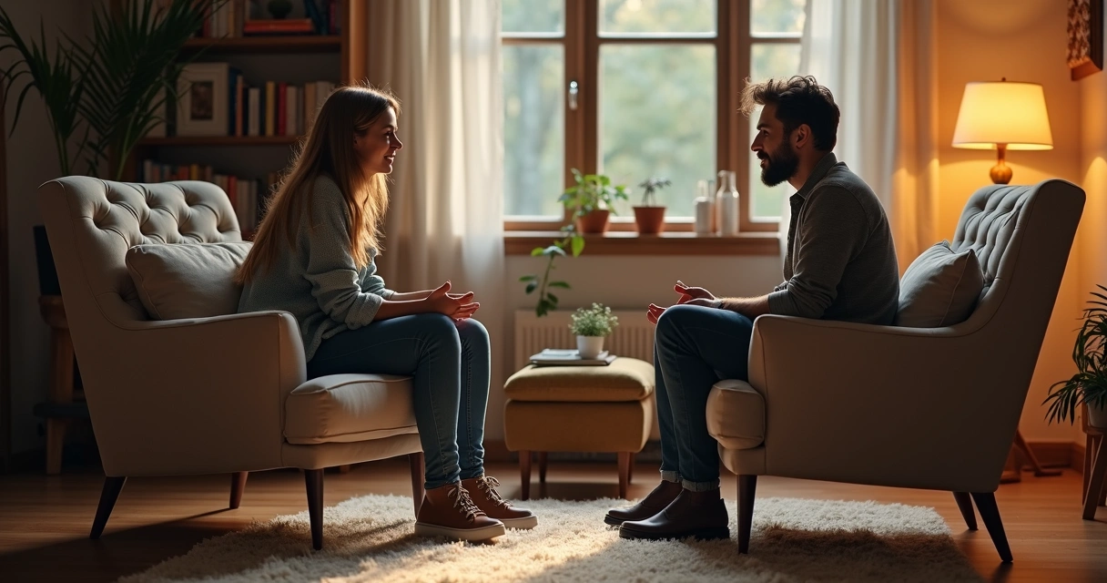Duas pessoas sentadas conversando e ouvindo atentamente uma à outra. 