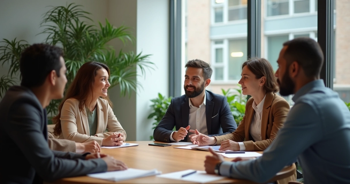 Grupo sentado conversando com atenção em torno de uma mesa