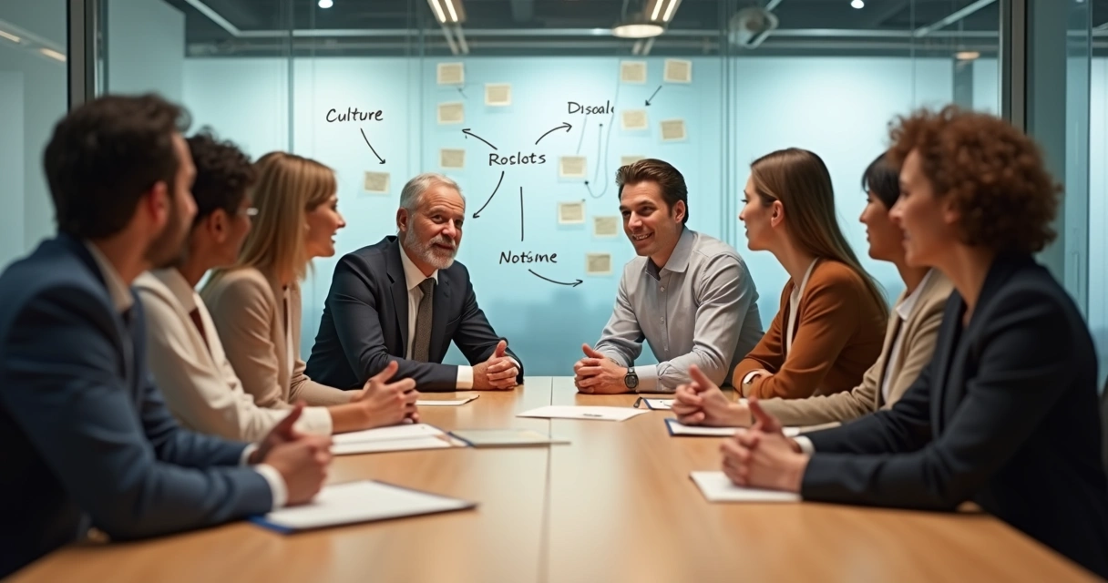 Equipe diversa em reunião de trabalho com foco em empatia e colaboração estratégica 