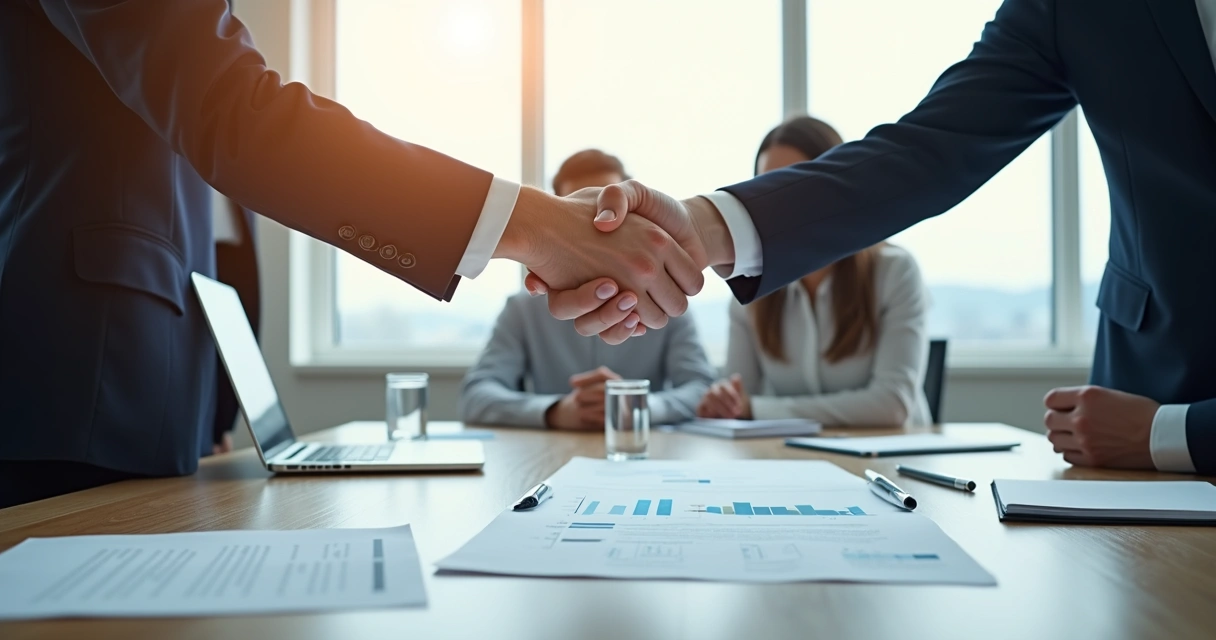 Duas pessoas em negociação apertando as mãos sobre mesa de reunião com gráficos e laptop 