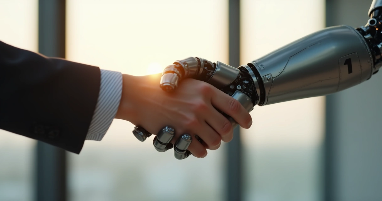 Aperto de mão entre uma pessoa e um braço robótico 