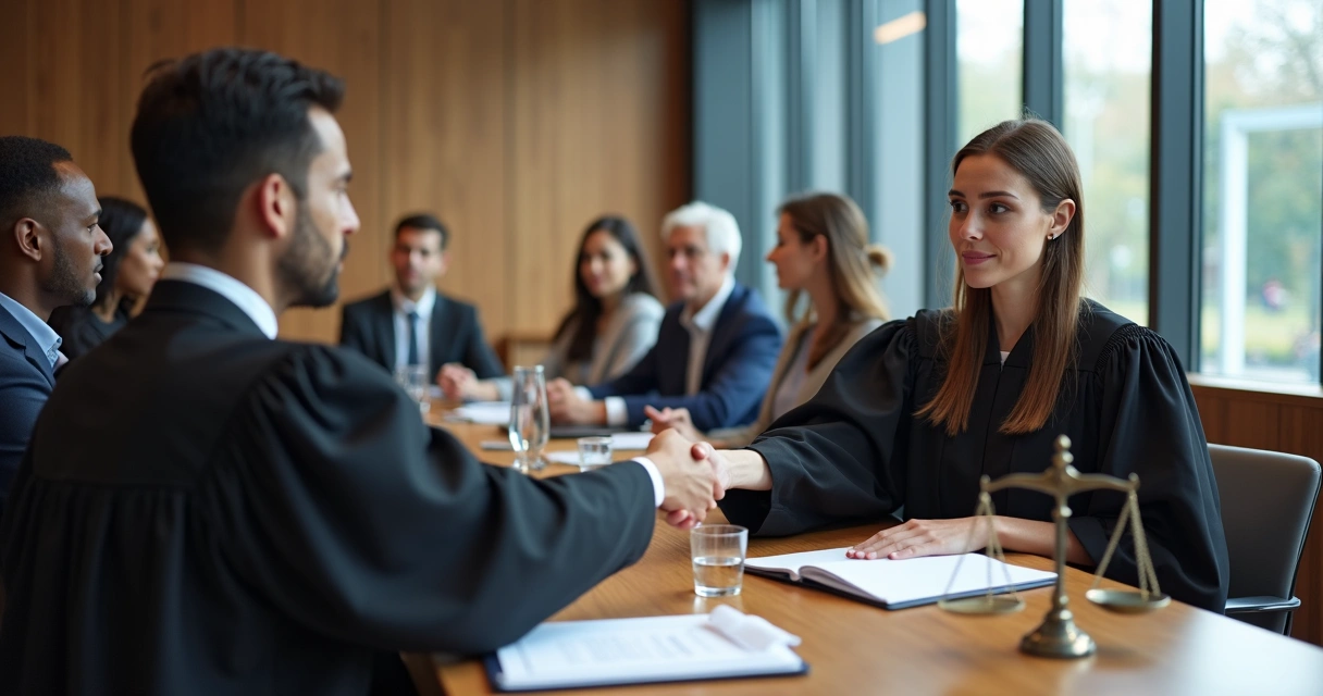 Mesa de reunião com juíza apertando a mão de uma cidadã dentro de um tribunal moderno 