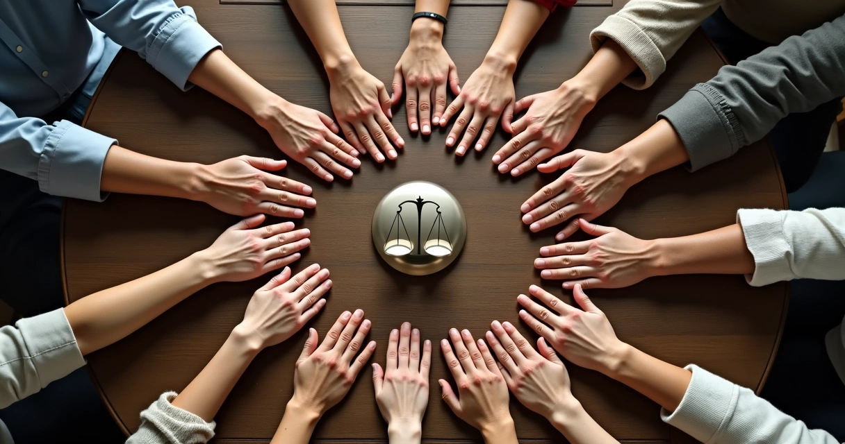 Pessoas diversas em círculo unindo mãos sobre símbolo de justiça em mesa de madeira 