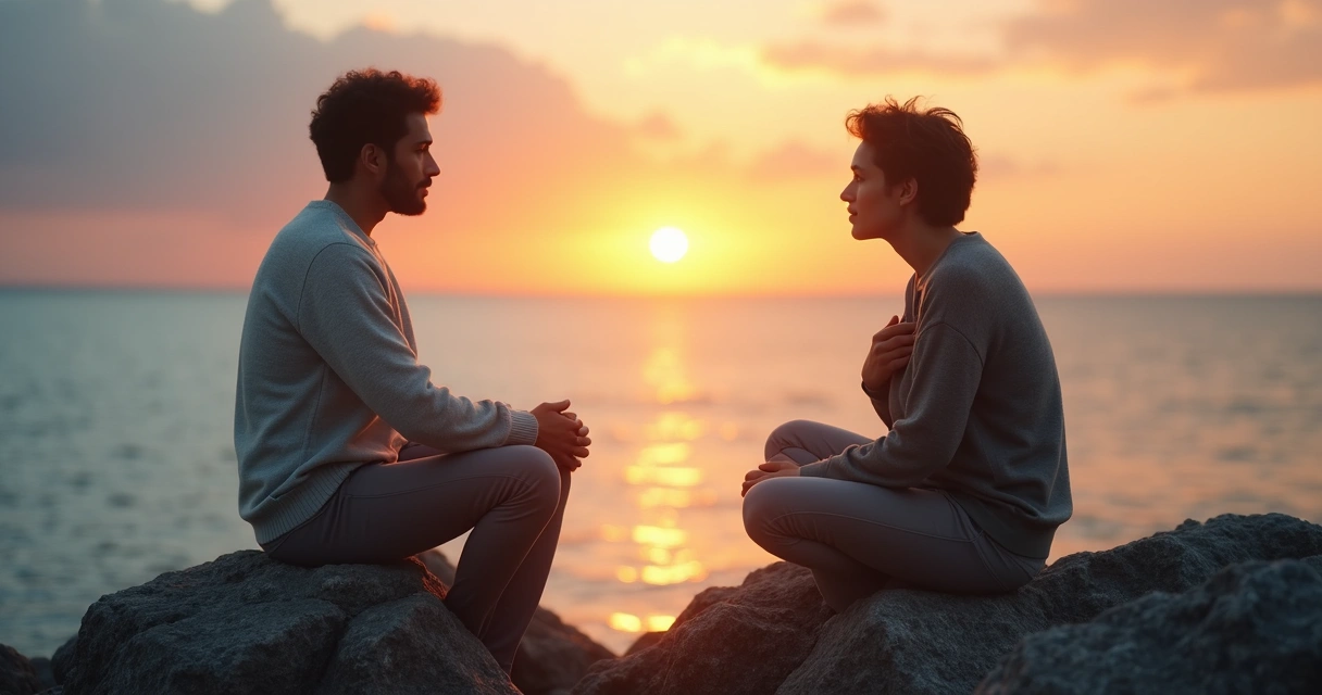 Dos personas junto al mar conectadas por hilo luminoso conservando su espacio propio 