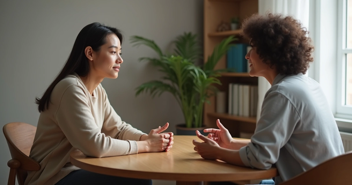 Duas pessoas dialogando com escuta atenta em ambiente calmo 