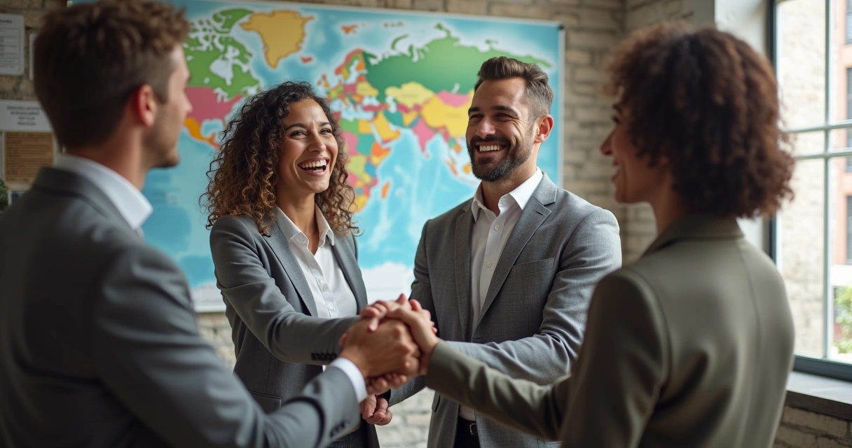 Colegas de culturas diversas se cumprimentando no trabalho