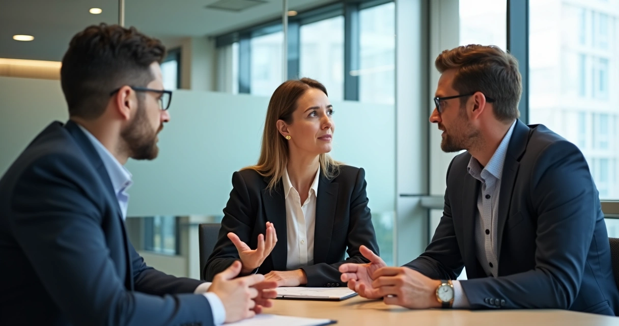 Três profissionais em reunião, compartilhando ideias e mostrando empatia ao negociar, com expressões de escuta respeitosa. 