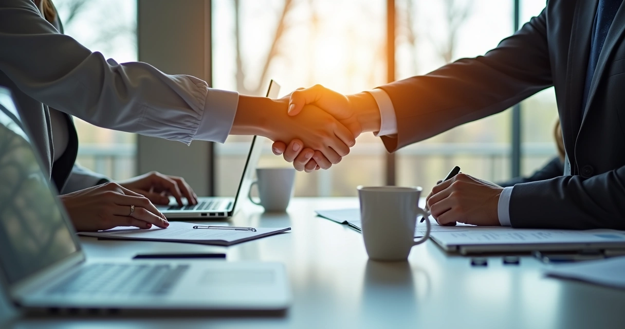 Duas pessoas apertando as mãos diante de uma mesa de trabalho com papéis espalhados 