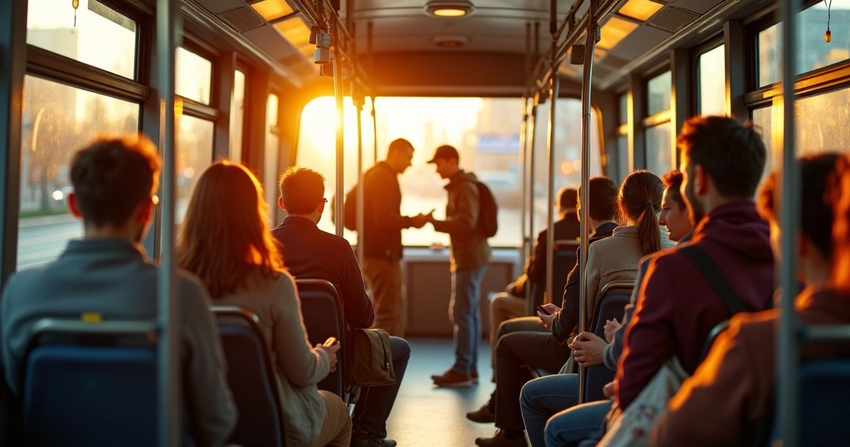 Passageiros trocando gentilezas dentro de ônibus urbano em grande cidade 