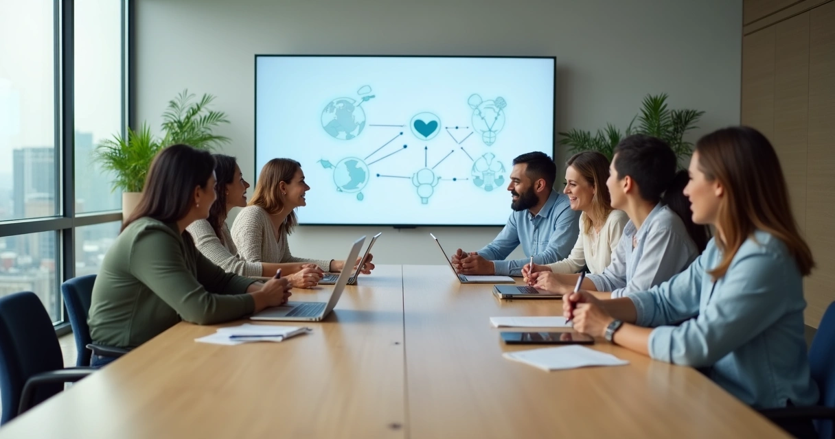 Equipe diversa em reunião colaborativa em escritório moderno com foco em empatia organizacional 