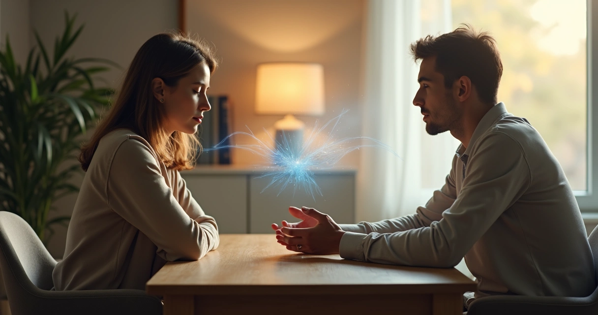 Pessoa com olhos fechados tocando o peito enquanto outra oferece apoio em ambiente calmo 