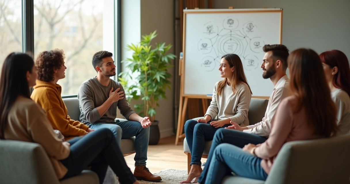 Grupo diverso sentado em círculo em espaço urbano, dialogando com gestos de escuta e acolhimento 
