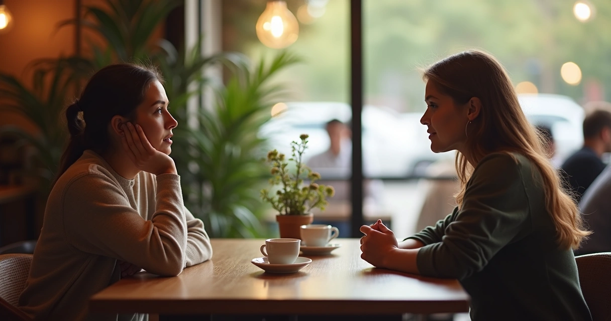 Duas pessoas sentadas frente a frente em mesa de madeira, uma escutando atentamente a outra 