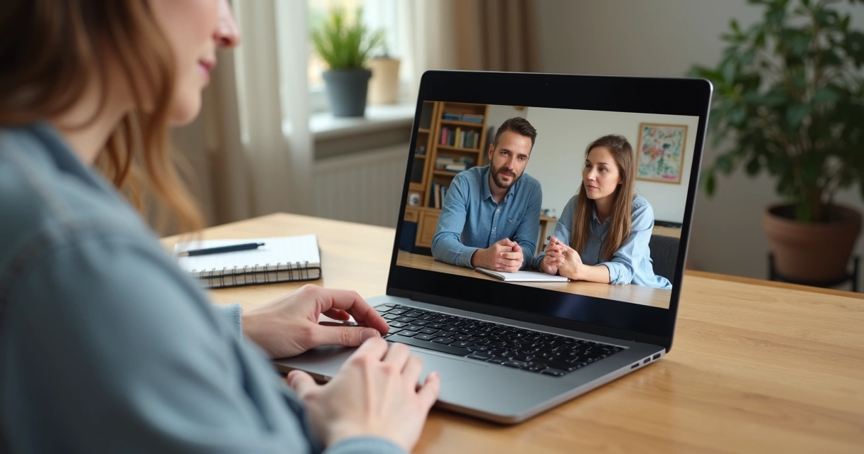 Duas pessoas se conectando por videochamada com expressões de atenção e empatia 