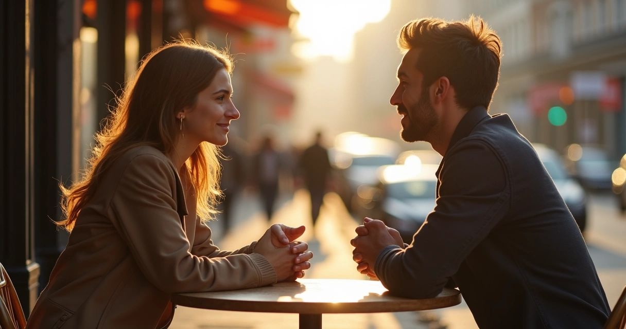 Duas pessoas conversando com respeito em ambiente urbano
