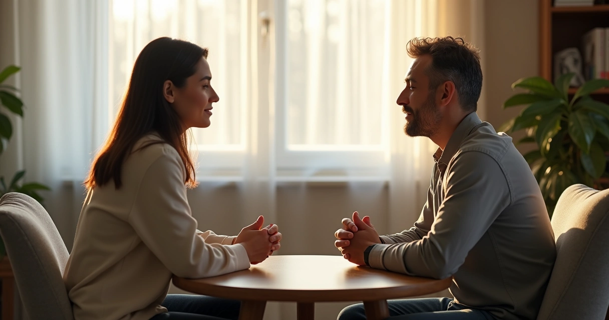 Duas pessoas sentadas frente a frente, uma acolhendo a outra com empatia enquanto mantém postura serena e centrada 