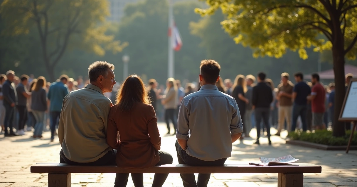 Duas pessoas sentadas lado a lado em banco de praça com multidão discutindo ao fundo 