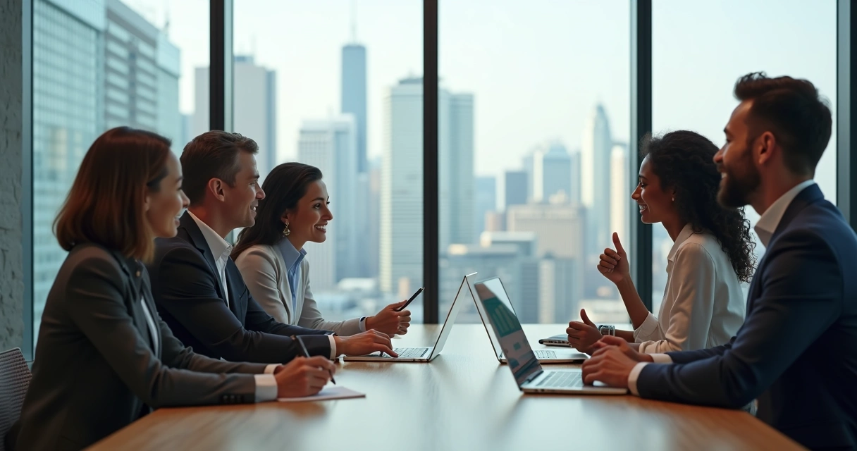 Equipe em escritório moderno mostrando contraste entre empatia e simpatia em uma conversa 