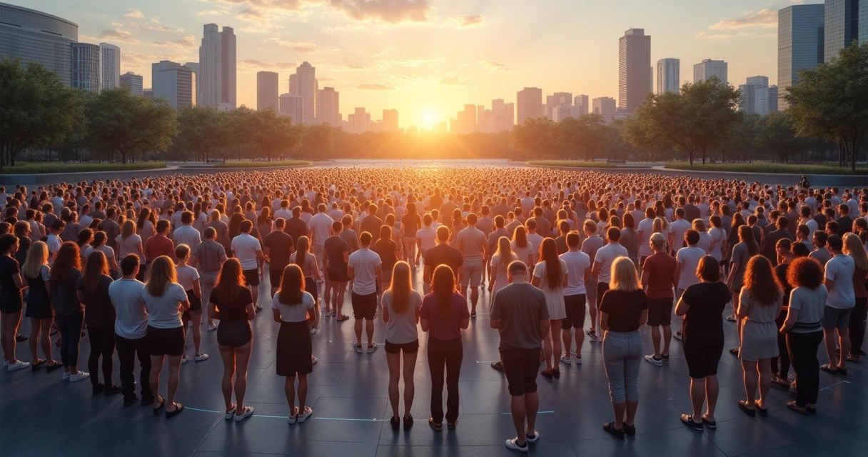 Grupo diverso conectado por linhas de luz representando empatia sistêmica 