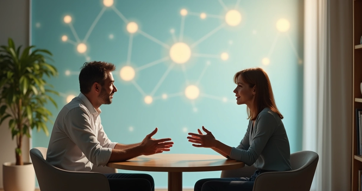 Duas pessoas conversando com círculos interligados ao fundo representando empatia individual e sistêmica 