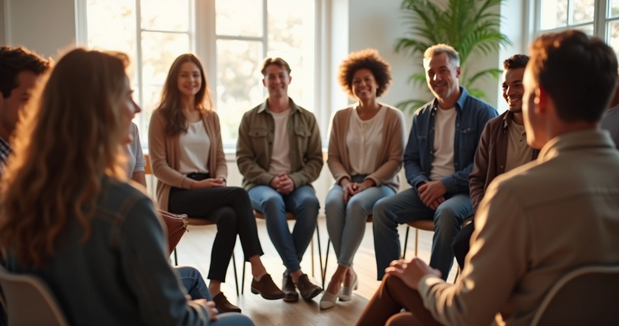 Grupo em reunião, pessoas organizadas em círculo demonstrando empatia e compreensão mútua 