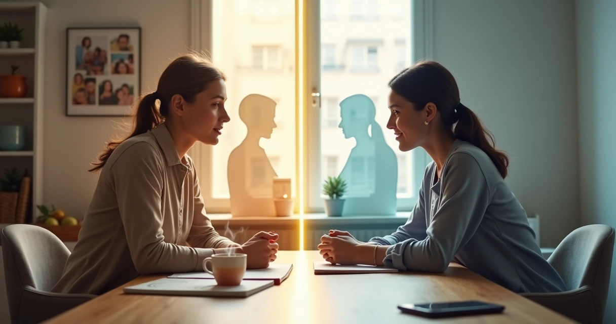 Duas pessoas sentadas frente a frente separadas por uma linha sutil entre conexão profunda e conforto superficial 