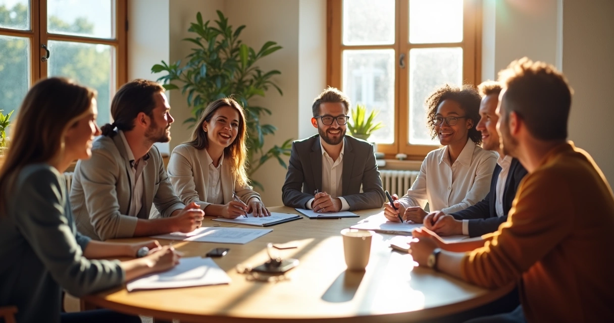 Equipe reunida em mesa redonda trocando ideias. 