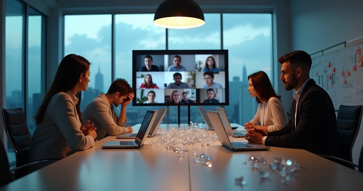 Colegas de trabalho em reunião virtual com expressões desconectadas 