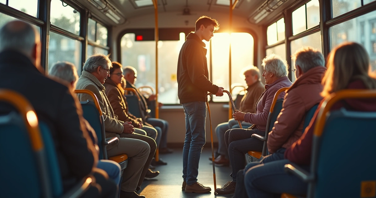 Pessoa jovem cedendo assento a idoso no ônibus 