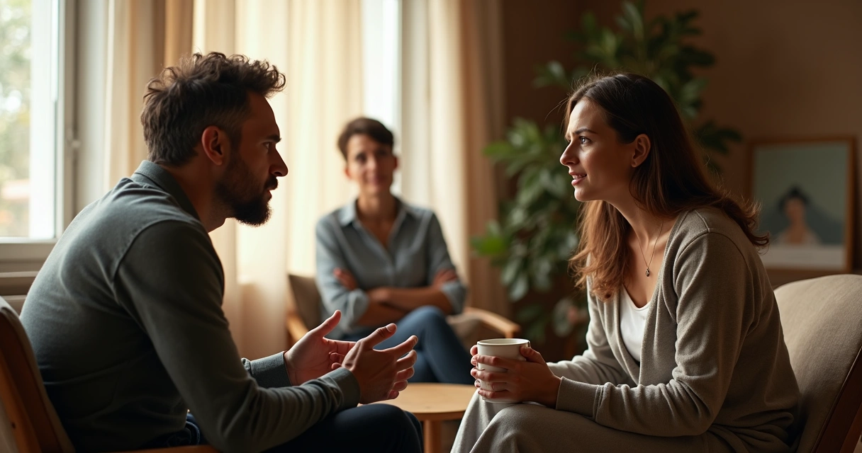 Duas pessoas sentadas frente a frente se escutando com atenção em ambiente acolhedor 