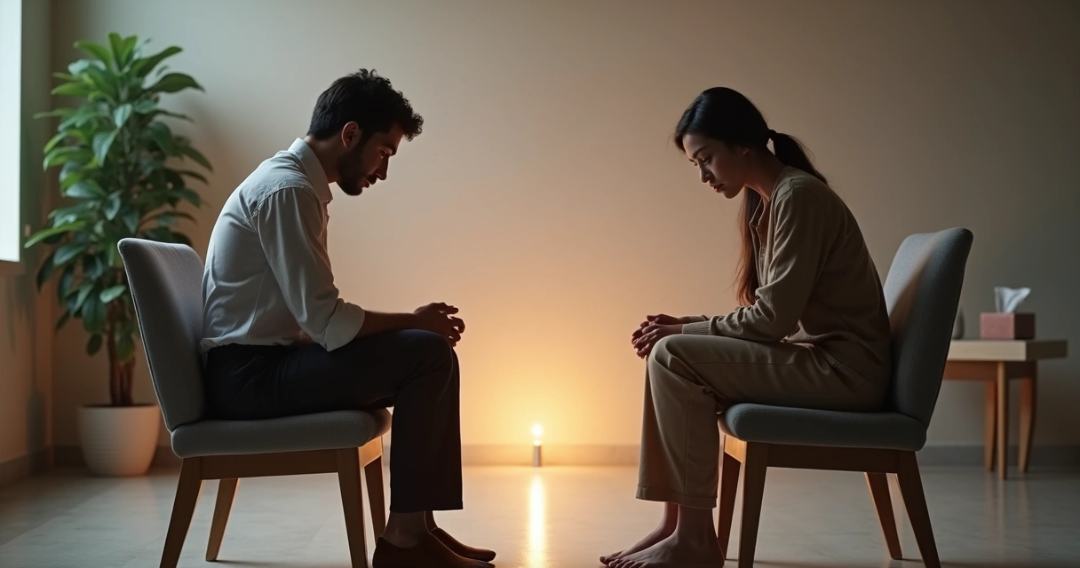 Duas pessoas sentadas frente a frente separadas por uma linha de luz, uma com expressão serena escutando e outra chorando com a mão no peito 