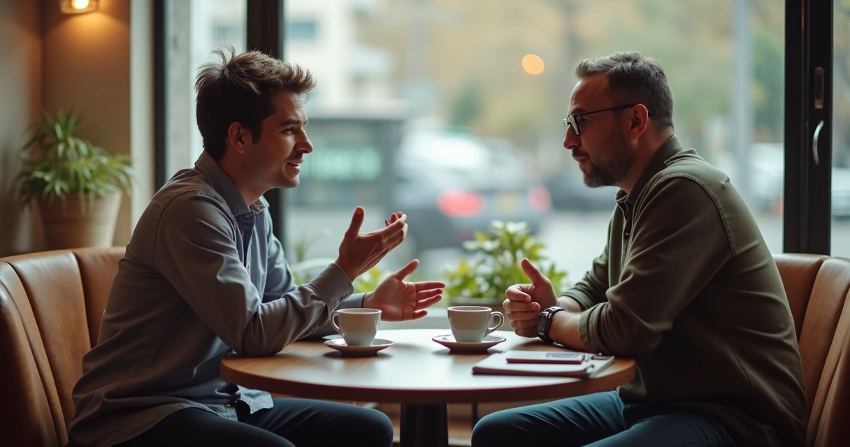 Duas pessoas conversando em um café com gestos de empatia sem plena concordância 