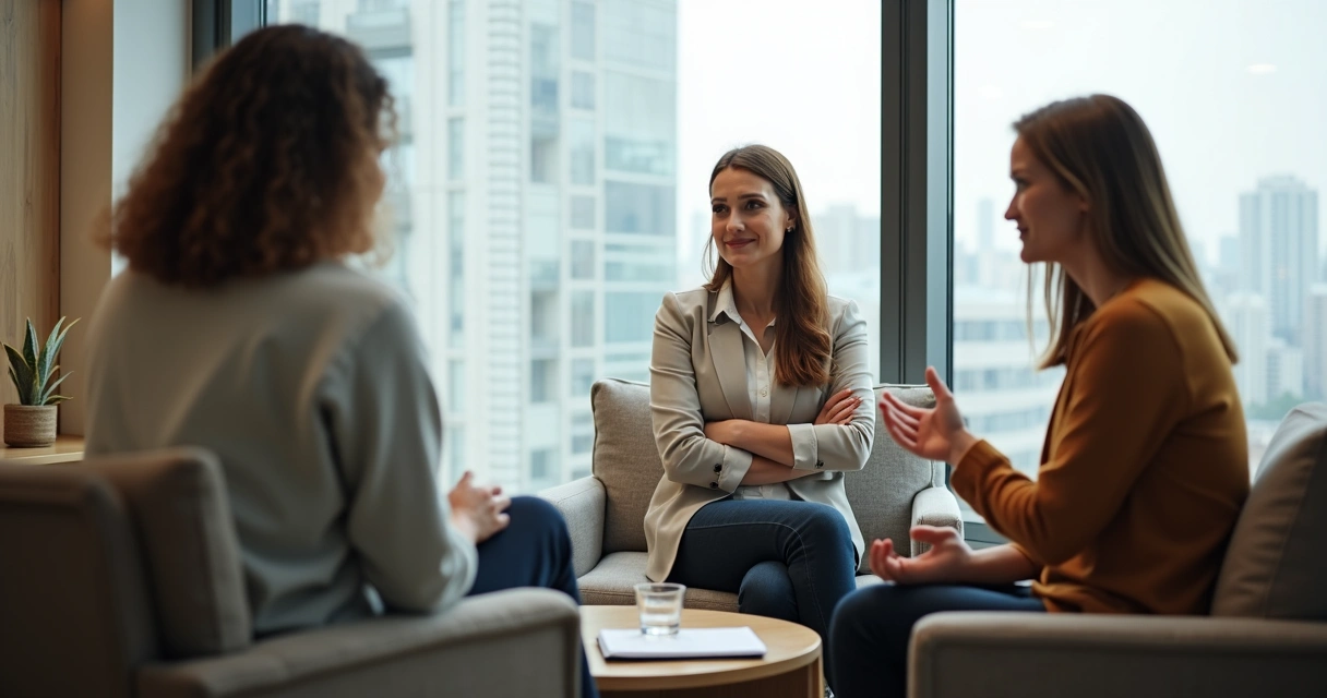 Duas pessoas sentadas frente a frente, uma ouvindo com atenção e outra recebendo apoio, com um reflexo em vidro mostrando uma postura distante e condescendente 