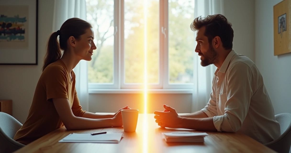 Duas pessoas sentadas frente a frente separadas por uma linha de luz, uma em paz e outra sobrecarregada de emoções 