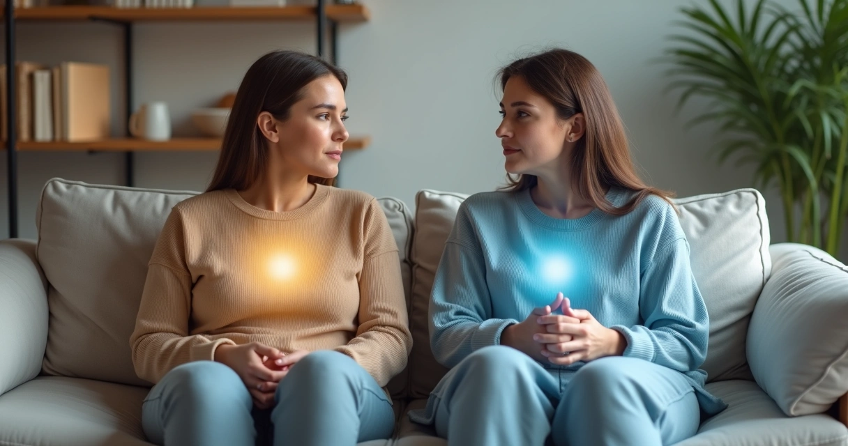 Duas pessoas lado a lado com contornos energéticos distintos mostrando empatia saudável sem fusão emocional 