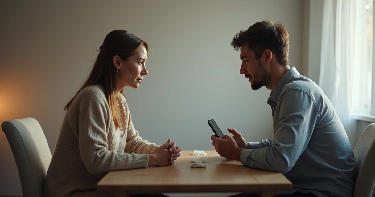 Dos personas frente a frente mostrando conexión profunda y consuelo superficial 