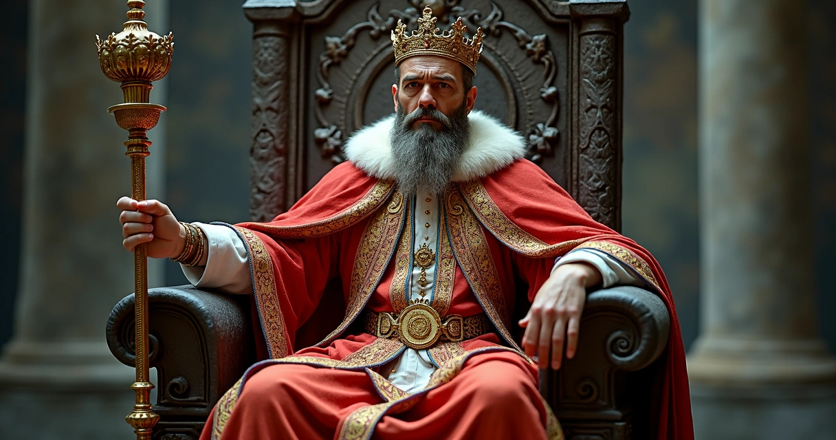 The Emperor tarot card seated on a stone throne with regal robes and a scepter 