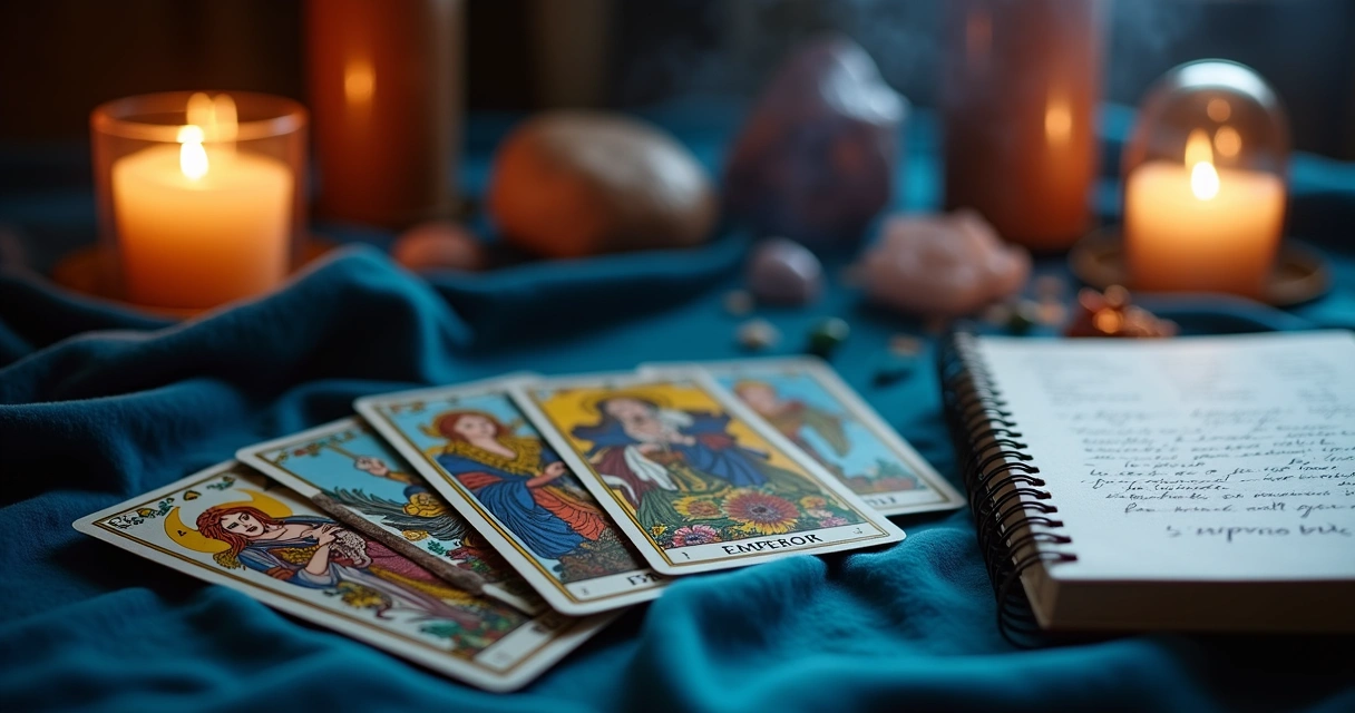 Tarot reading scene focusing on The Emperor card spread with mystical atmosphere 