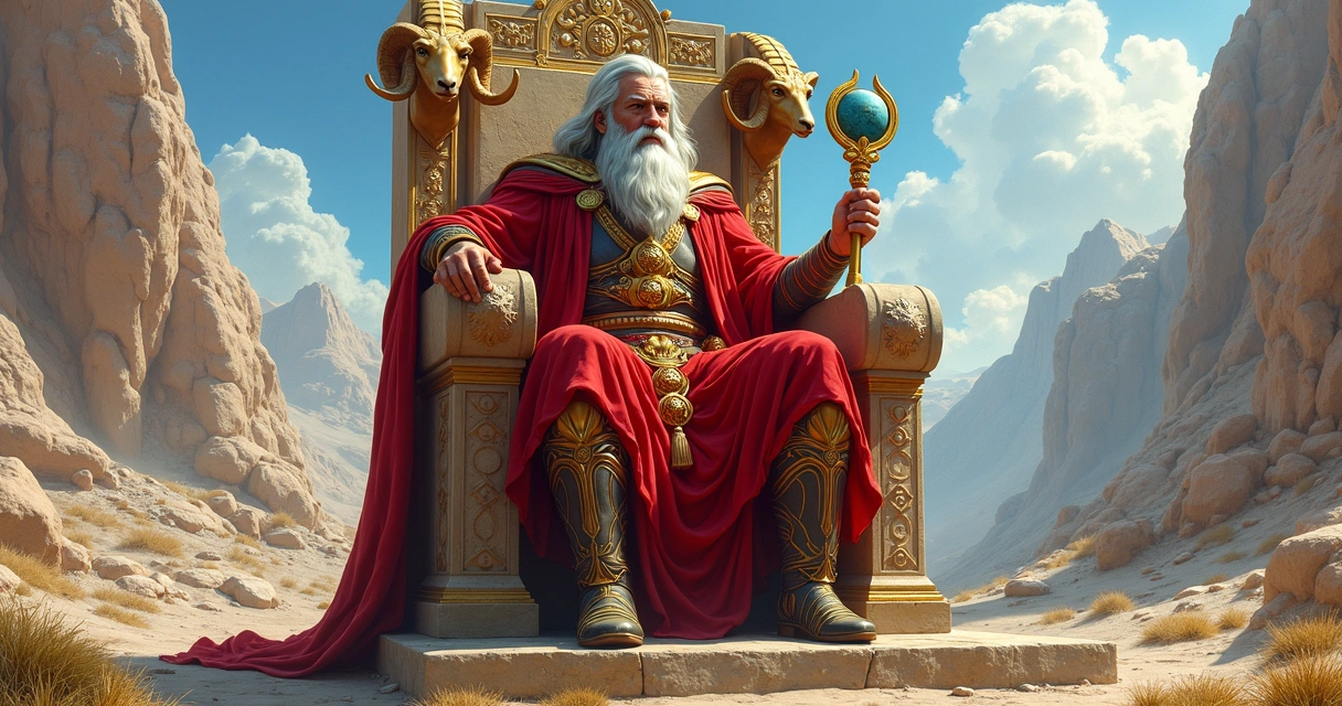 Illustration of The Emperor tarot card figure seated on a stone throne with symbols of power 