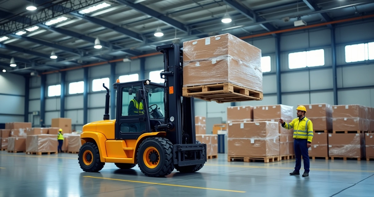 Empilhadeira com garfos extensivos levantando carga volumosa em ambiente industrial com equipe técnica e equipamentos ao fundo 